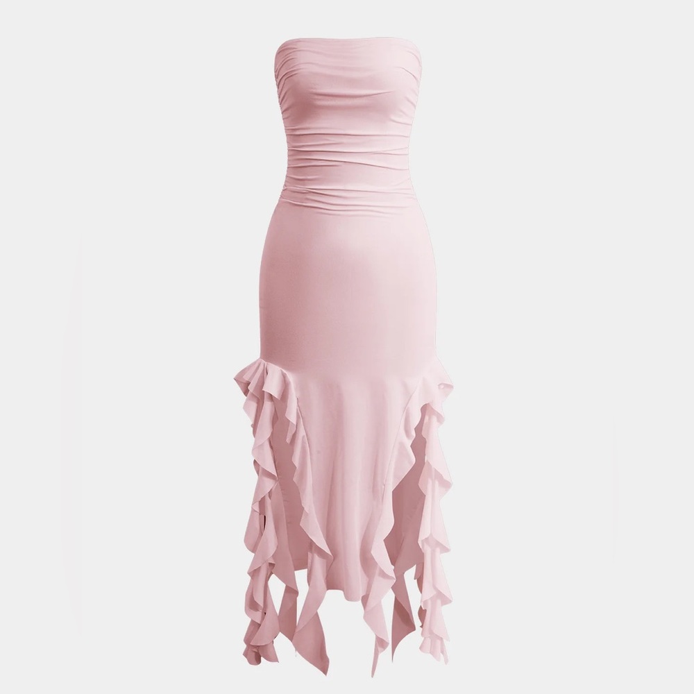 Commense Solid Ruffle Hem Ruched Tube Maxi Dress. Baby Pink size Large - Picture 2 of 9